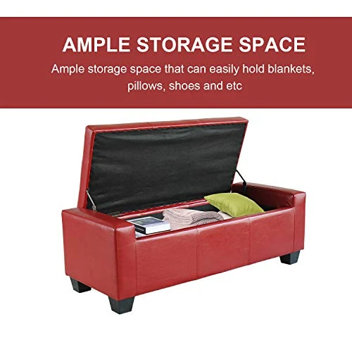 HOMCOM 51" Faux Leather Rectangular Tufted Storage Ottoman - Bright Red - Image 2
