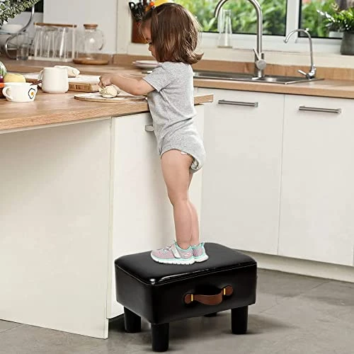 H&B Luxuries Footstool Small Ottoman, PU Leather Small Ottoman Foot Rest,16.14" Extended Rectangular Footstool With Carry,Ottoman For Living Room, Bedroom, Couch,Patio,Cloakroom (Black) - Image 3