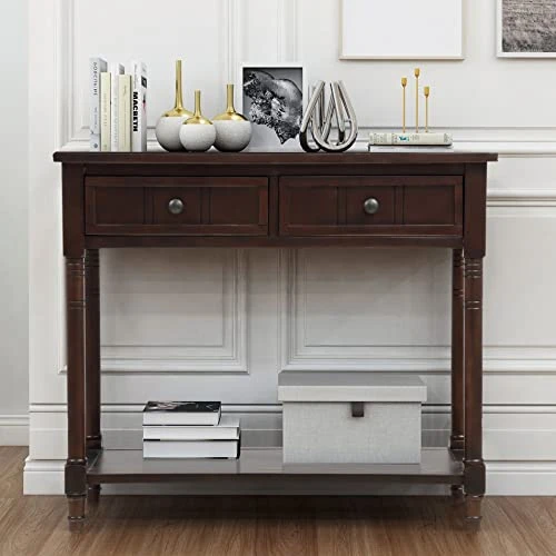 P PURLOVE Sofa Table Antique Style Wooden Console Table With 2 Drawers And Bottom Shelf (Dark Espresso) - Image 3