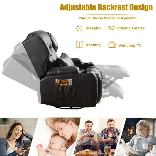 ETAGERIA Rocker Recliner Chair, 360° Swivel Glider Recliner - Ergonomic Leather Lounge Rocking Chairs For Nursery With Cup Holders/Side Pockets/Pillow For Living Room (Black Grey-1) - Image 5