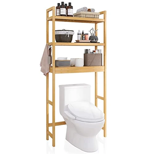 SMIBUY Bathroom Storage Shelf, Bamboo Over-The-Toilet Organizer Rack, Freestanding Toilet Space Saver With 3-Tier Adjustable Shelves (Natural)