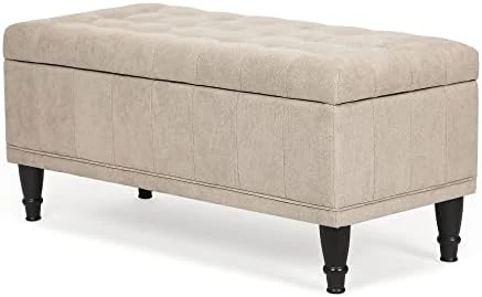 Asense Linen Fabric Rectangle Tufted Lift Top Storage Ottoman Bench, Footstool With Solid Wood Legs Upholstered Storage Bench (Noble Beige) - Image 13