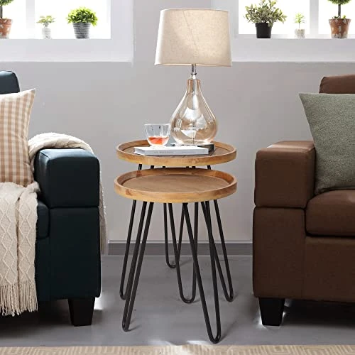 Oakrain Nesting Tables For Living Room, Round Nesting Coffee Table, Farmhouse End Tables Living Room Set Of 2, Wood Side Tables Set Of 2 For Sofa, Bedroom, Balcony - Image 6
