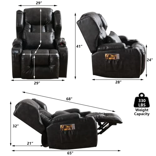 ETAGERIA Rocker Recliner Chair, 360° Swivel Glider Recliner - Ergonomic Leather Lounge Rocking Chairs For Nursery With Cup Holders/Side Pockets/Pillow For Living Room (Black Grey-1) - Image 2