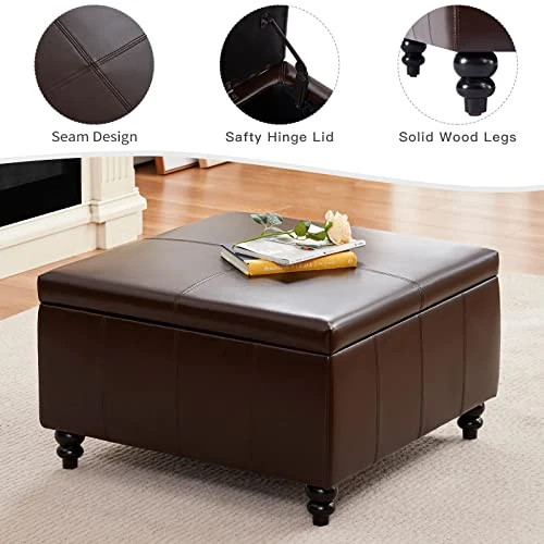 HUIMO Square Storage Ottoman,Ottoman Coffee Table With Storage,Oversized Ottoman,Tufted Storage Ottoman For Living Room (Brown) - Image 4