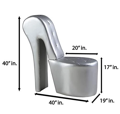 Best Master Furniture High Heel Faux Leather Shoe Chair With Crystal Studs, Silver - Image 2