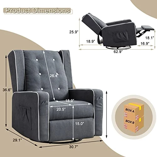 Oprisen Swivel Rocking Recliner Chair Overstuffed Wingback Glider Chair For Nursery, Manual Swivel Recliner With Side Pockets Cup Holders (Blue Gray)