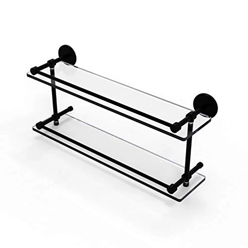 Allied Brass P1000-2/22-GAL-BKM 22 Inch Tempered Double Gallery Rail Glass Shelf, Matte Black
