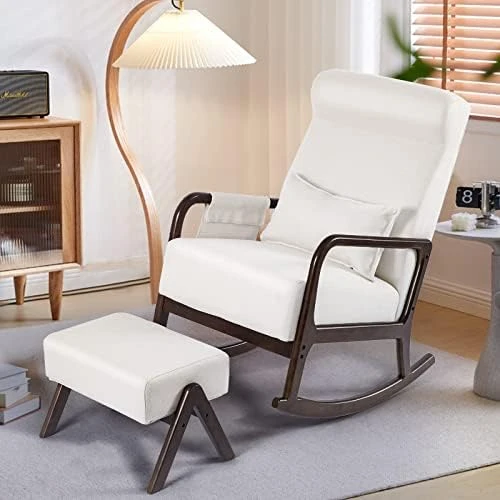 NOBLEMOOD Nursery Rocking Chair With Ottoman, Modern Indoor Baby Nursing Glider Rocker Chair With Free Lumbar Pillow Wooden Armrest For Living Room (Burlywood) - Image 8