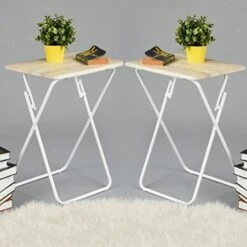 FurnitureR Set Of 2 Folding TV Trays Foldable Dinner Snack Trays, Portable Light Weight Sofa Bedside Tables, No Assembly Required, Beige, 15 X 18.9 X 26.2 In, 2PCS