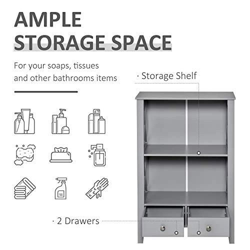 Kleankin X- Frame Freestanding Floor Bathroom Storage With Two Drawers, Storage Organizer, Cabinet With 3 Shelves, Grey - Image 5