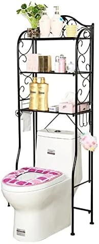 LISDERGOD 3 Tier Over-the-toilet Storage Rack, Modern Wrought Iron Bathroom Organizer Free Standing Restroom Organizers For Paper Towels Shampoo With Hooks And Toilet Paper Holder For Balcony/laundry - Image 6