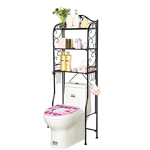 LISDERGOD 3 Tier Over-the-toilet Storage Rack, Modern Wrought Iron Bathroom Organizer Free Standing Restroom Organizers For Paper Towels Shampoo With Hooks And Toilet Paper Holder For Balcony/laundry