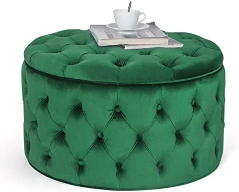 Homebeez Round Velvet Storage Ottoman Button-Tufted Footrest Stool Coffee Table For Living Room (Emerald Green) - Image 10