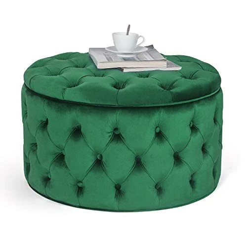 Homebeez Round Velvet Storage Ottoman Button-Tufted Footrest Stool Coffee Table For Living Room (Emerald Green)