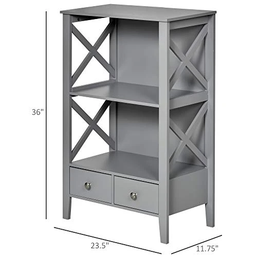 Kleankin X- Frame Freestanding Floor Bathroom Storage With Two Drawers, Storage Organizer, Cabinet With 3 Shelves, Grey - Image 3