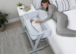 BabyGap By Delta Children Whisper Bedside Bassinet Sleeper With Breathable Mesh And Adjustable Heights - Lightweight Portable Crib - Made With Sustainable Materials, Grey Stripes