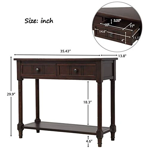 P PURLOVE Sofa Table Antique Style Wooden Console Table With 2 Drawers And Bottom Shelf (Dark Espresso) - Image 2