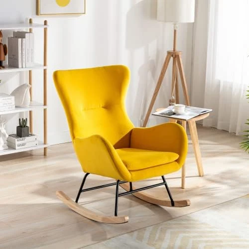 BOMENG Modern Velvet/Teddy Fabric Padded Seat Rocking Chair With High Backrest And Armrests,Comfy Uplostered Glider Chair Accent Chair For Living Room,Bedroom,Balcony - Image 13