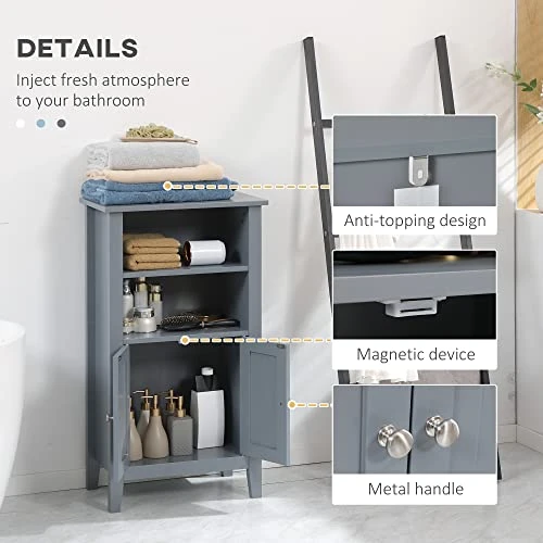 Kleankin Bathroom Cabinet Organizer With 2-Tier Open Shelves, Double Door Enclosed Storage And Elevated Base, Dark Grey - Image 4