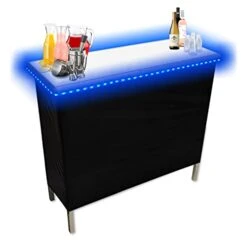 (USA Company) Patented Folding Portable Party Bar W/Multi-Color LED Lights, Black & Hawaiian Bar Skirts, And Storage Shelf