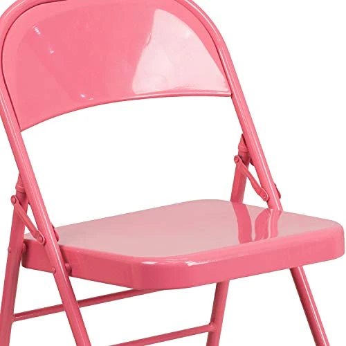 BizChair 2 Pack Bubblegum Pink Triple Braced & Double Hinged Metal Folding Chair - Image 4