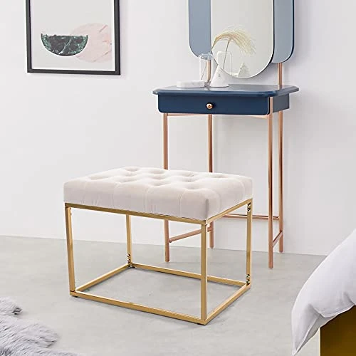 AWQM Tufted Ottoman Bench,Velvet Upholstered Seat,Footrest Chair,Rectangle Vanity Stool With Golden Metal Frame,Perfect For Dressing Room,Living Room,Entryway Or Bedroom,Beige… - Image 3