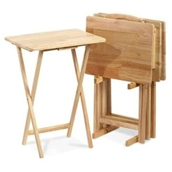 PJ Wood Folding TV Tray Table & Snack Table With Storage Rack, Natural - 5 Piece Set