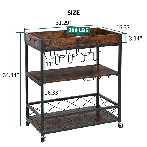 YITAHOME Industrial Bar Carts For The Home, Mobile Serving Cart On Wheels With Removable Wood Top Container, 3-Tier Kitchen Cart With Wine Rack Glasses Holder, Rustic Brown - Image 2