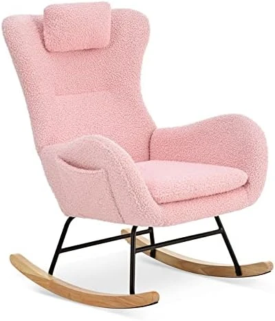 DFONCE Rocking Chair Nursery Upholstered Glider Chair With Rubber Wood Legs Side Pocket Comfy Side Chair Rocking Accent Armchair For Living Room Bedroom Offices (Pink) - Image 4