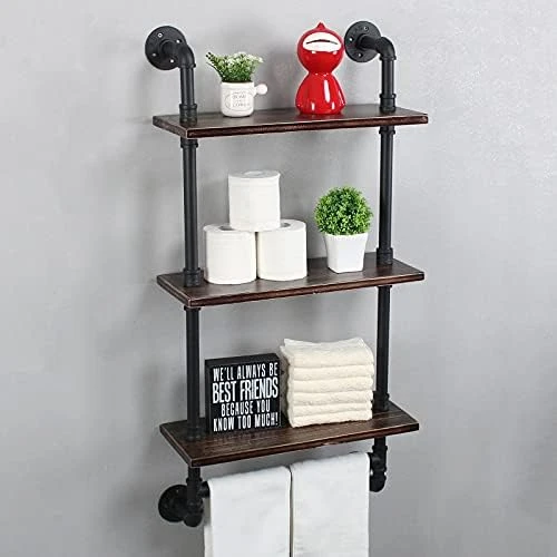 Industrial Pipe Shelf Bathroom Shelves Wall Mounted,19.6in Rustic Wood Shelf With Towel Bar,2 Tier Farmhouse Towel Rack Over Toilet,Pipe Shelving Floating Shelves Towel Holder,Retro Grey - Image 12