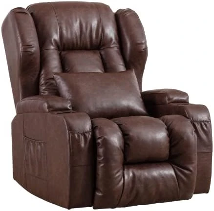OBBOLLY Manual Swivel Glider Rocker Recliner Chair-Nursery Rocking Recliner Chair,Wingback Design 360° Swivel Chair With Lumbar Pillow, Cup Holders, Side Pockets For Living Room (PU Brown, Single) - Image 6