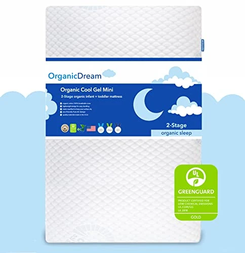ORGANICDREAM Cool Gel 5" Mini Crib And Toddler Mattress 2-Stage I 100% Breathable & Hypoallergenic - GREENGUARD I Extra Firm Infant Side And Plush Toddler Side (38x24x5)