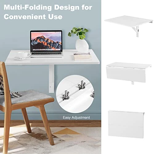COSTWAY Wall Mounted Folding Table, 31.5" X 23.5" Drop-Leaf Floating Writing Desk For Small Spaces, Space-Saving Fold Down Laptop Workstation For Kitchen, Bedroom, Laundry Room, Study Room (White) - Image 3