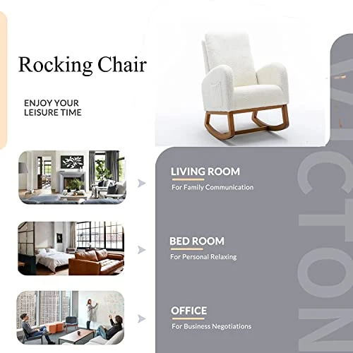Nursery Rocking Chair,Upholstered Fabric Accent Armchair,Wooden Padded Seat With 2-Side Pocket,Nursing Chair With Rubber Wood Legs,Glider Chair For Nursery,Living Room,Home Office (White Line) - Image 4