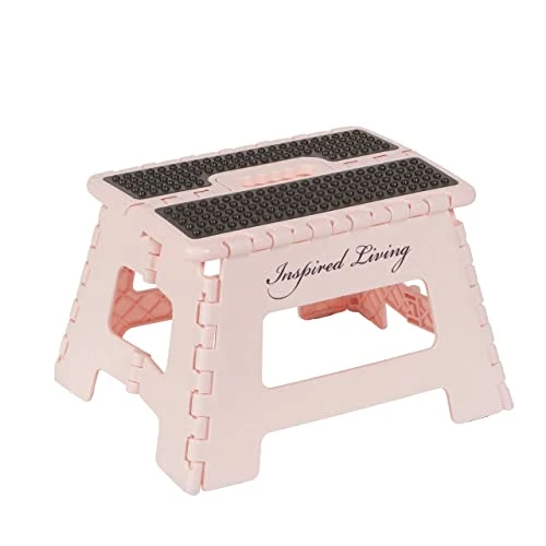 Inspired Living 9" Step Stool, Folding Step Stools For Adults, Plastic Foldable Step Stools Kids, Holds Up To 330 Lbs, Collapsible Folding Stool For Kitchen, Bathroom, Bedroom - Blush Pink