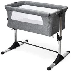 HONEY JOY Baby Bedside Crib, Foldable Baby Bedside Bassinet W/Carrying Bag, Breathable Mesh & Mattress, Adjustable Height & Angle, Bed To Bed Baby Co Sleeper For Infants Newborn Girl Boy, Gray