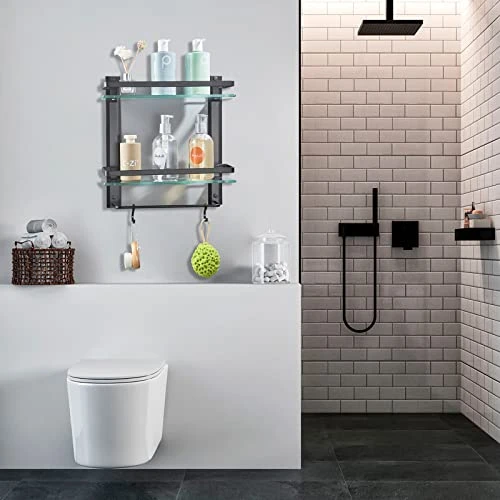 AIJALY Bathroom Glass Shelf,Aluminum Tempered Glass 0.34in Extra Thick Rectangular 2 Tier Storage Organizer Wall Mount,Black 15.7in - Image 2