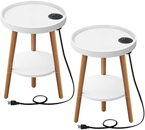 GREENSTELL End Table With Charging Station, Round Side Table With Storage Shelf, USB Ports And Anti-Drop Fence, 2-Tier Small Nightstand Sofa Table For Living Room, Bedroom White 15.0*15.0*20.4inches - Image 10
