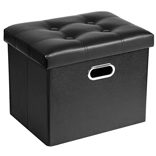COSYLAND Ottoman With Storage Folding Leather Ottoman Footrest Foot Stool Black Ottoman For Room Small Rectangle Collapsible Bench Furniture With Handles Lid Toy Chest 17x13x13in