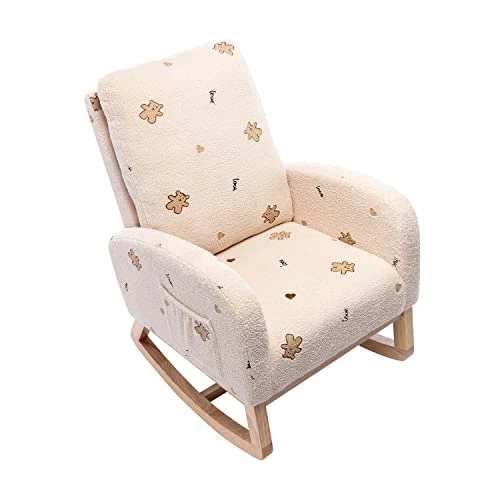 Rocking Chair, 26.8" Modern Upholstered Accent Rocking Chair With Side Pockets Wooden Rocking Chair With High Back And Solid Wood Base Nursery Glider Armchair For Adults Kids Hold Up To 300lbs, Beige - Image 5