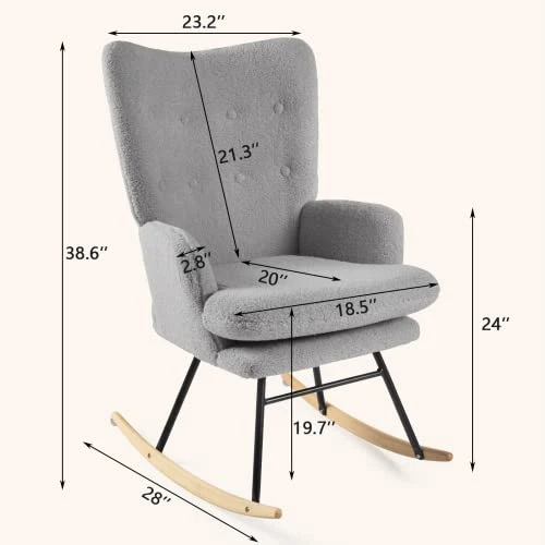 Waleaf Rocking Chair Nursery Teddy Upholstered Glider Rocker Rocking Accent Chair Padded Seat With High Backrest Armchair Bedroom Chair Comfy Chair (Grey) - Image 2