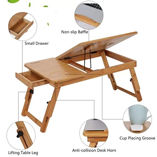 HQLCX Bamboo Laptop Table Adjustable Folding Computer Desk Bed Office Notebook Stand Portable TV PC Lapdesk With Drawer - Image 3
