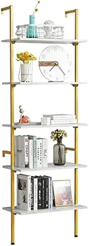 MELLCOM 5 Tier Industrial Ladder Shelf, Wood Modern Bookshelf With White Metal Frame, Wall-Mounted Plant Flower Storage Organizer For Living Room, Bathroom, Kitchen, Balcony - Image 6