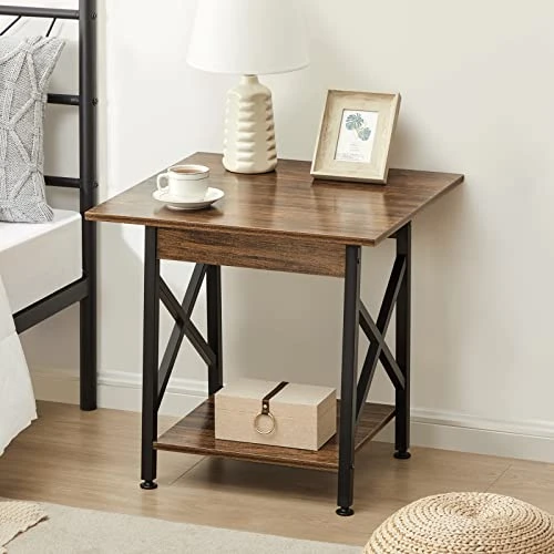 GreenForest End Table 24 Inch Industrial Design Large Side Table With Storage Shelf For Living Room, Easy Assembly, Rustic Walnut - Image 4