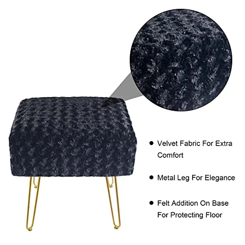 SCRIPTRACT Modern Mink Square Footstool Ottoman Bench Flower Pattern Furry Faux Fur Vanity Stool Chair With Golden Metal Leg For Vanity Entryway Bathroom Living Room Bedroom (Black Rose) - Image 6