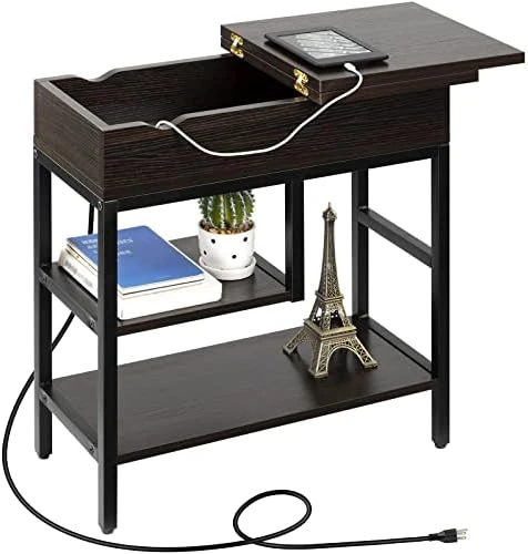 Hadulcet Side Table With Charging Station, Narrow Sofa End Table With Storage Shelf & Adjustable Stand Rustic Brown - Image 8