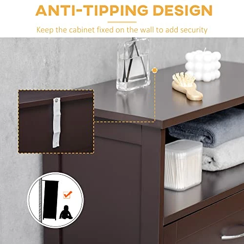 Kleankin Modern Bathroom Floor Cabinet, Free Standing Storage Cupboard, Linen Cabinet With Drawer And Adjustable Shelf, Brown - Image 6