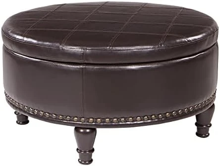 OSP Home Furnishings Augusta Round Storage Ottoman With Decorative Nailheads And Flip Over Lid With Serving Tray Surface, Espresso Faux Leather - Image 7