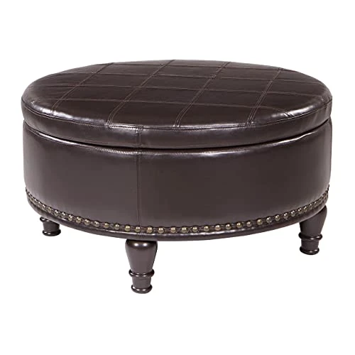 OSP Home Furnishings Augusta Round Storage Ottoman With Decorative Nailheads And Flip Over Lid With Serving Tray Surface, Espresso Faux Leather